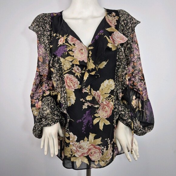 Ralph Lauren Women's Floral Ruffle-Trim Georgette Blouse Black Plus Size 3X -26 - Picture 1 of 15